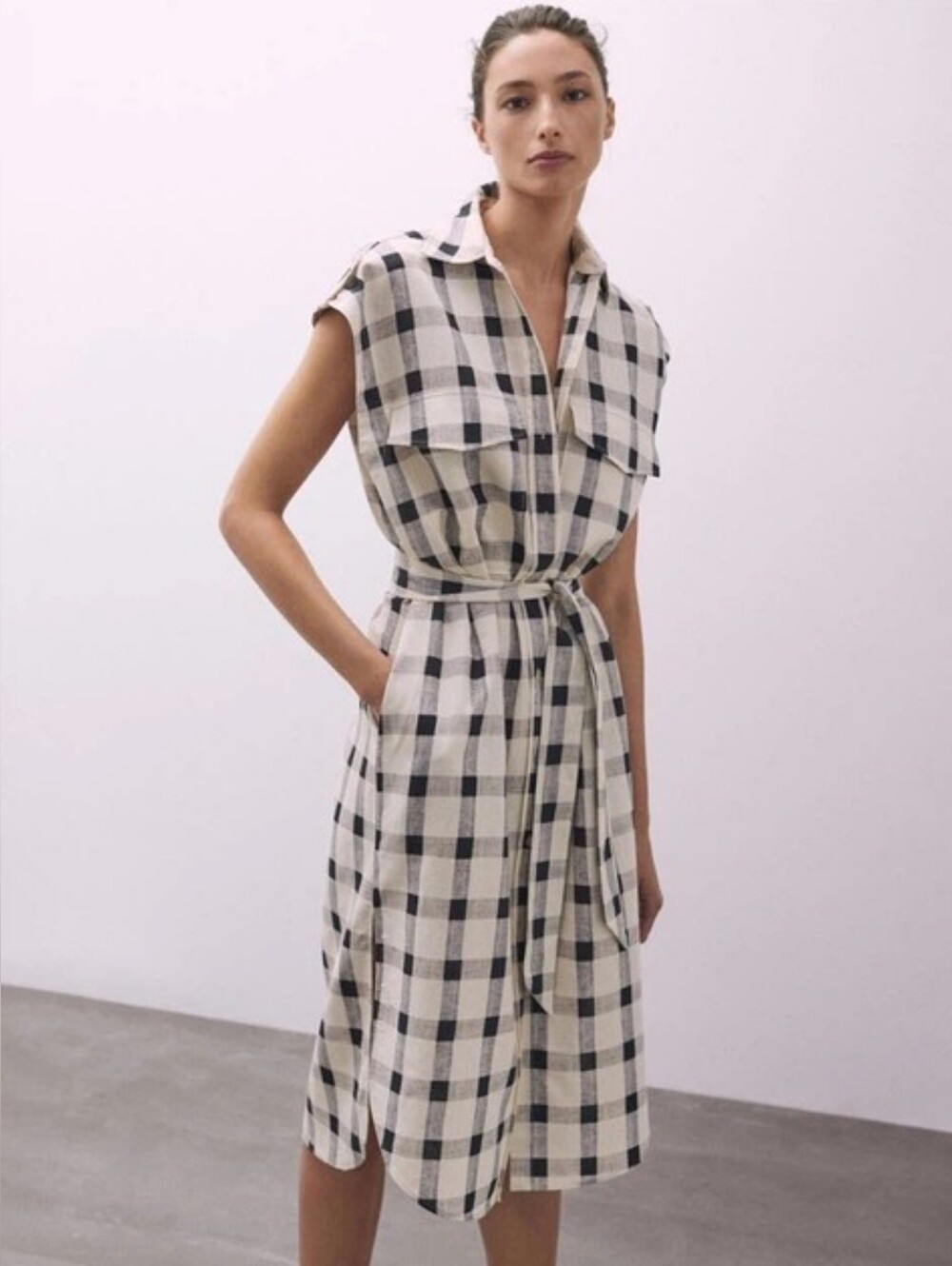 Massimo Dutti Long Check Linen Blend Shirt Dress, Size US 4